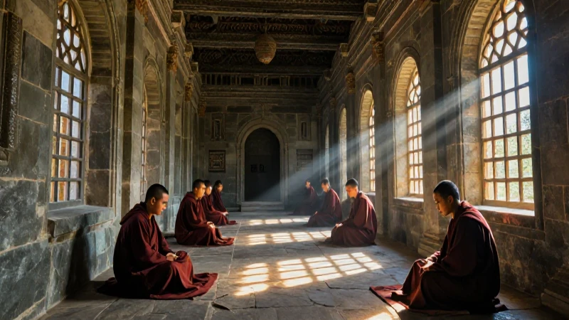 Monasterio antiguo, monjes serenos, luz dramática