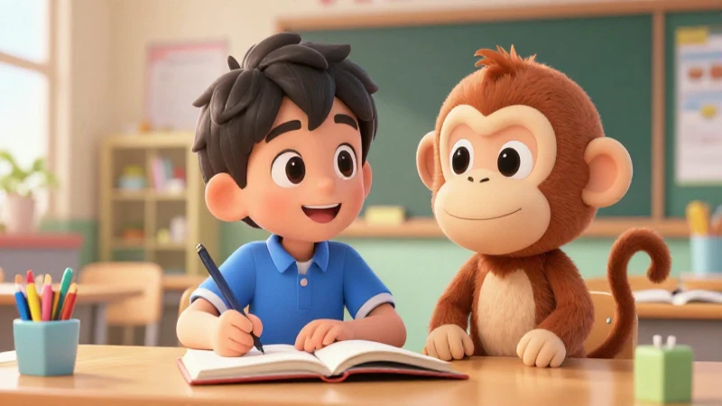 Monki: Aprendo en Casa, Diversión y Aprendizaje Juntos 4 Niño y mono aprendiendo en clase