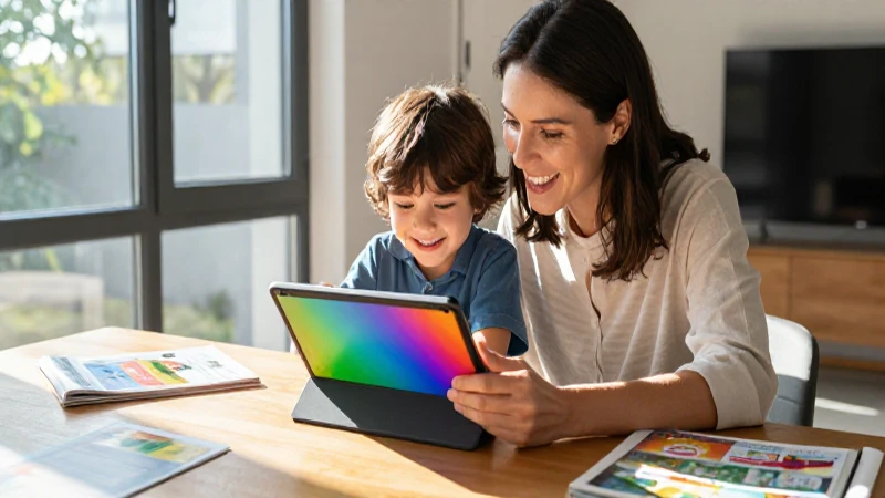 Monki: Aprendo en Casa, Diversión y Aprendizaje Juntos 8 Madre y niño aprenden con tablet en ambiente moderno