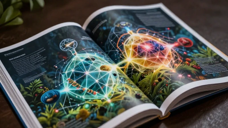 Ilustración académica detallada de libro abierto con diagramas