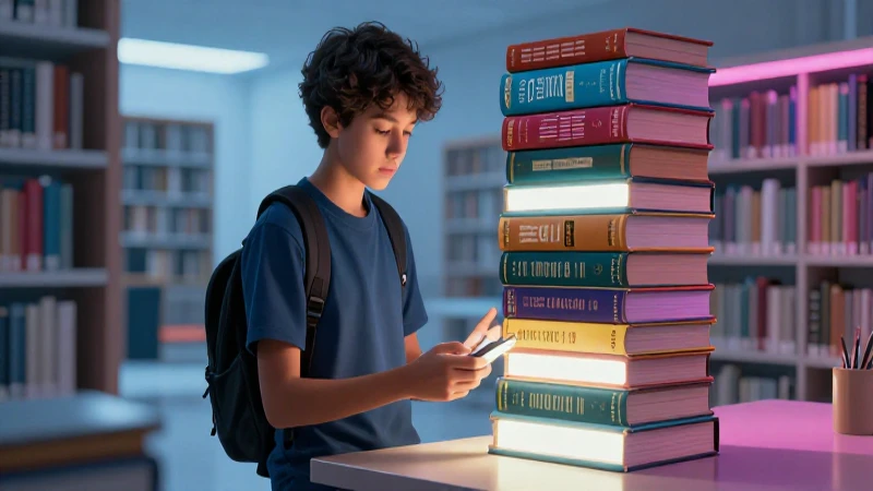 Ilustración de estudiante mexicano en biblioteca moderna