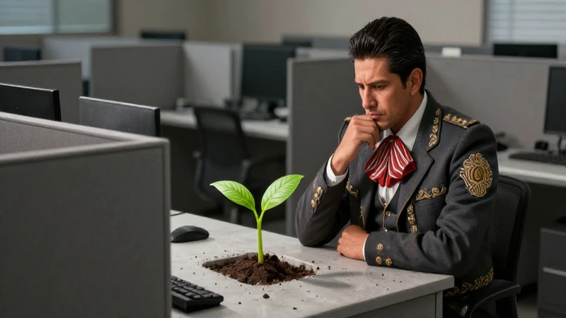 Educador reflexivo en oficina con brote vibrante