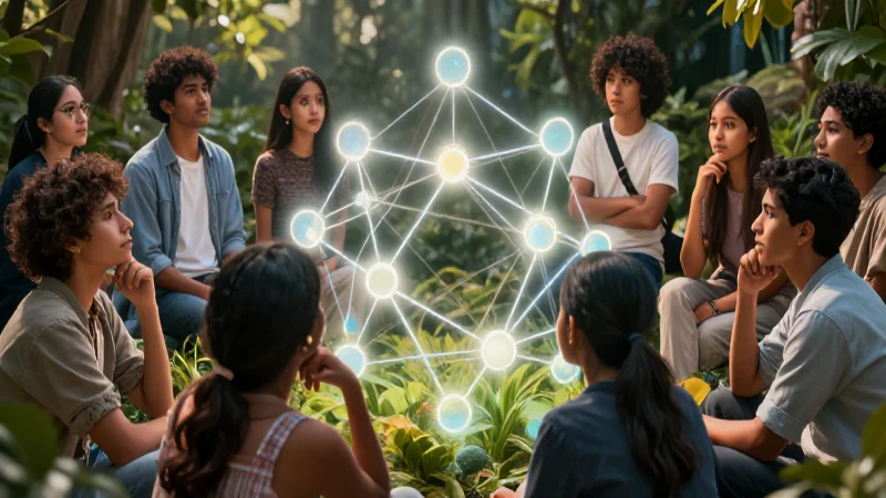 Jóvenes reflexionando sobre normas sociales en una estética moderna