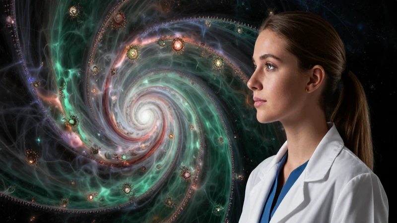 Morbo: Definición, Concepto y Significado de Morbosidad 5 Mujer académica observa un nebulosa fractal vibrante