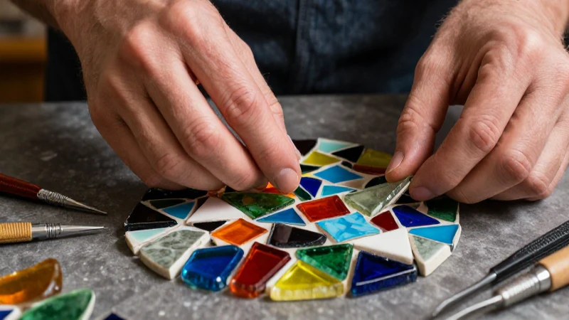 Mosaicos de figuras geométricas: Arte y Creatividad 4 Manos arman mosaico con geometría vibrante