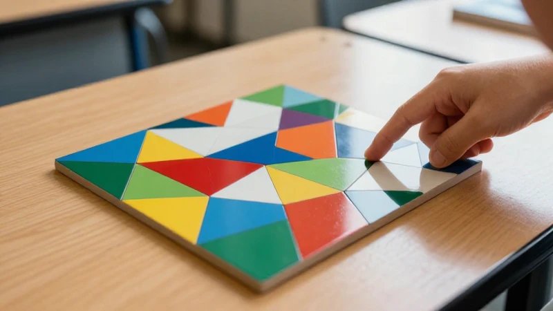 Mosaicos de figuras geométricas: Arte y Creatividad 5 Mosaico vibrante en mesa de madera escolar