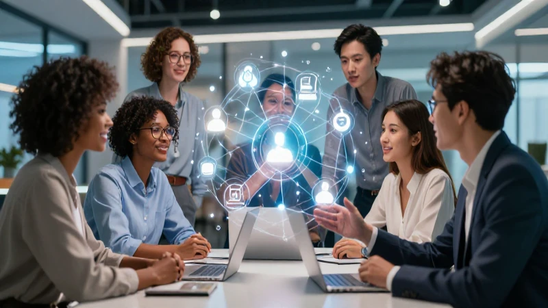 Profesionales diversos colaboran en un entorno moderno y creativo