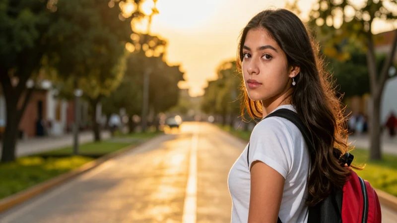 Joven confiado mira camino educativo dorado