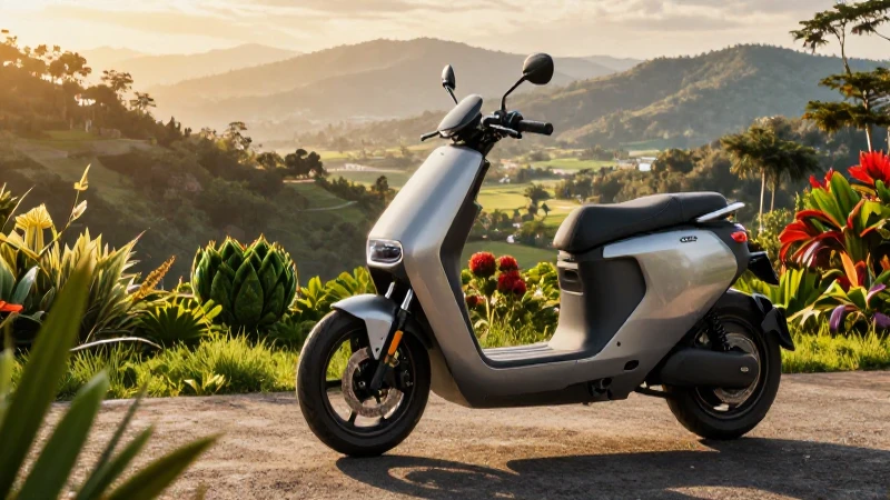 Motocicleta eléctrica futurista en un paisaje mexicano vibrante