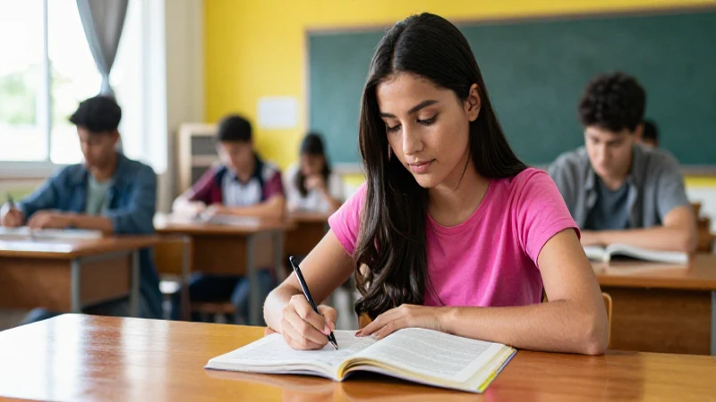 Bella estudiante hispana en entorno educativo vibrante