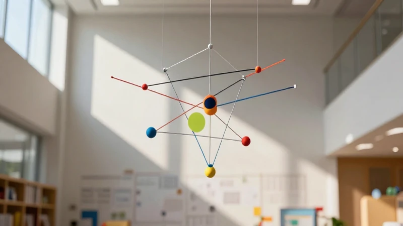Movil en el arte: definición y concepto esenciales 3 Escultura cinética en sala educativa, luz y sombras
