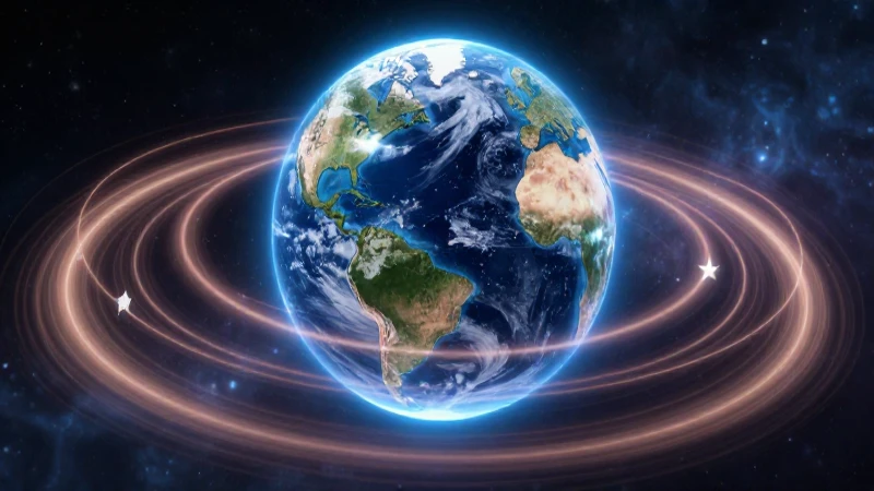Movimiento de rotación: La Tierra y su ciclo diario 7 Tierra en órbita con anillos y estilo educativo