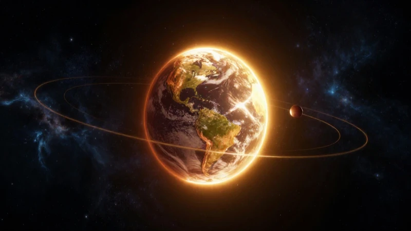 Tierra realista en órbita con sol dorado y nebulosa