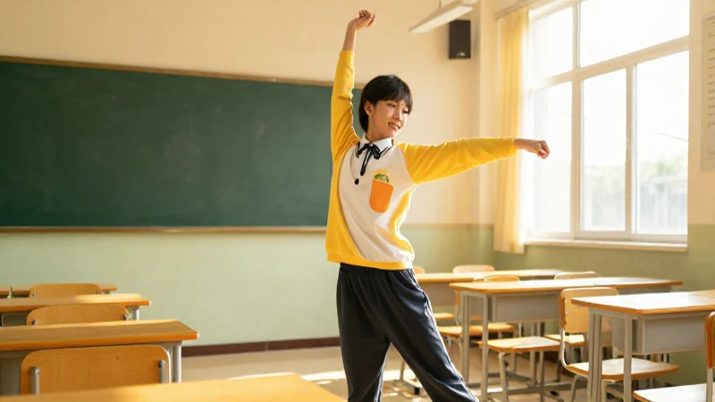 Joven estira elegantemente en un aula moderna iluminada