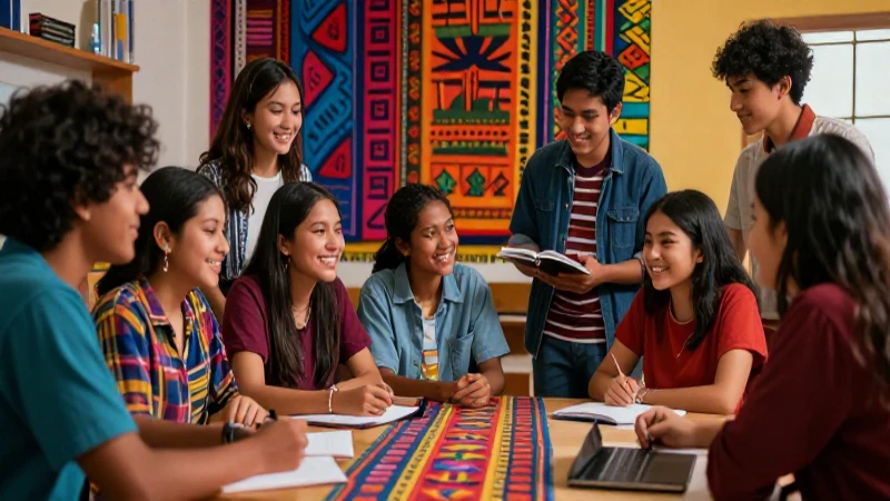 Qué son el multiculturalismo y sus características 6 Estudiantes mexicanos colaborando en ambiente vibrante