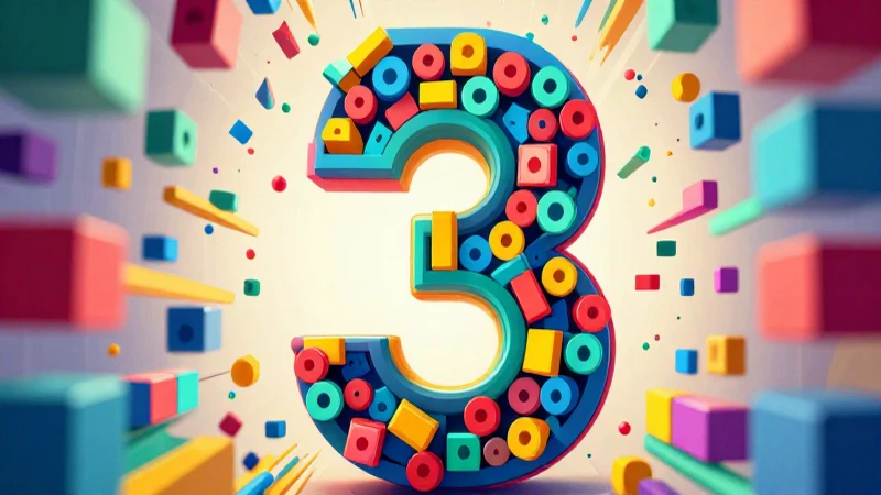 Ilustración abstracta de múltiplos de tres con bloques 3D vibrantes