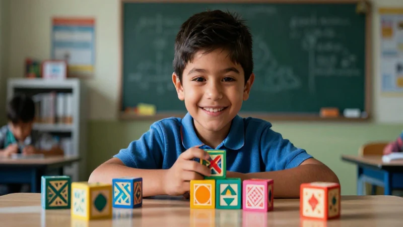 Niño mexicano feliz, bloques coloridos, clase moderna