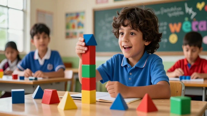 Estudiante feliz descubre geometría con bloques