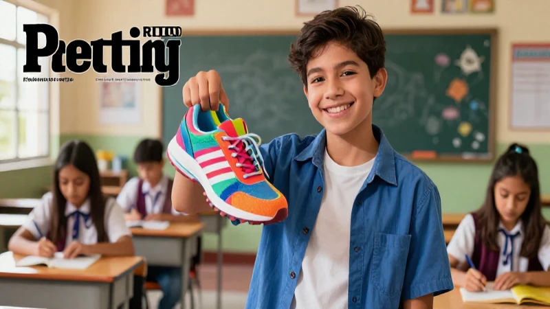 Estudiante sonriente sostiene zapatos coloridos