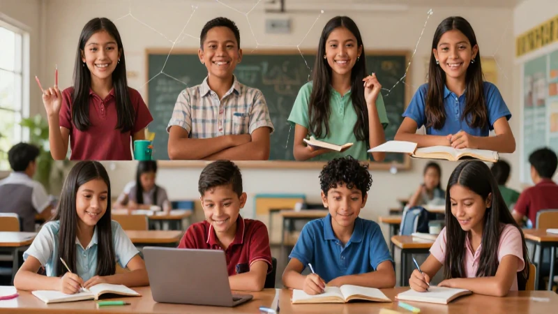 Estudiantes mexicanos alegres y patrones hexagonales de aprendizaje