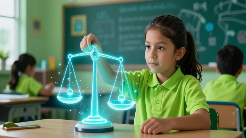 Estudiante aprende con balanza holográfica en aula