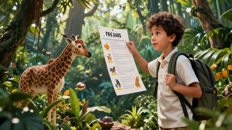 Mundo Animal: Lista de Cotejo PDF para Exploradores 7 Niño explorador en vibrante selva educativa