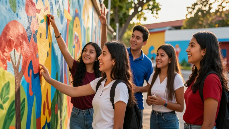 Comunidad mexicana sonriendo en mural vibrante