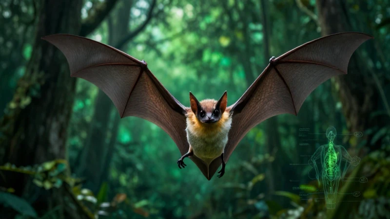 Murciélago detallado volando en bosque verde vibrante