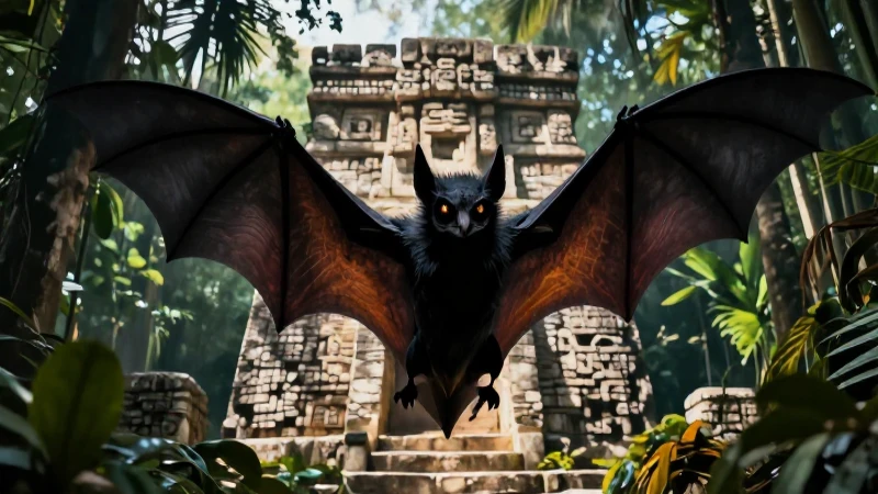 Murciélago mítico en ruinas con ojos luminosos