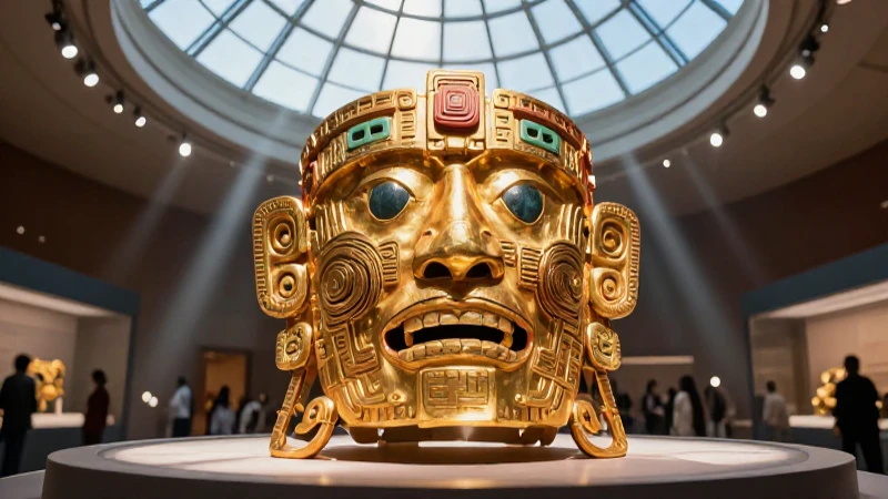 Oro prehispánico en exhibición con luz dramática