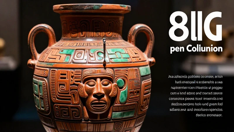 Urna cerámica vibrante con iluminación dramática y calidad de museo