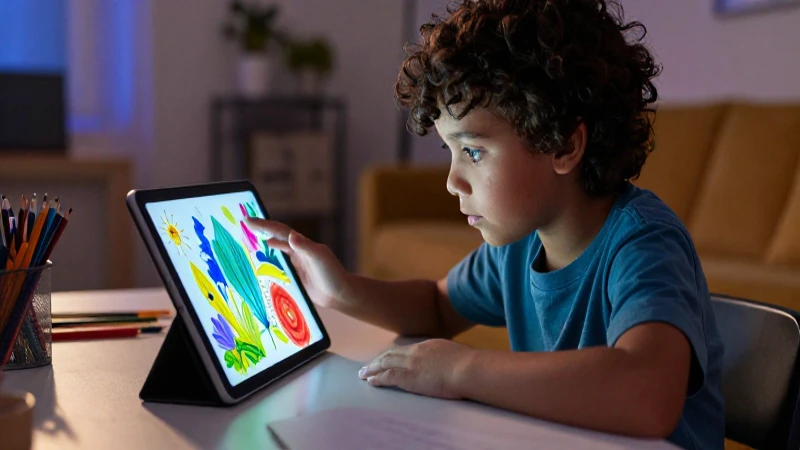 Niño explora arte digital en hogar acogedor
