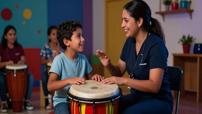 Cuál es el origen y la definición esencial de la música 7 Terapeuta musical y niño interactúan en un entorno vibrante