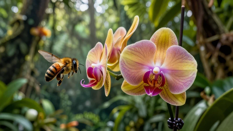 Orquídea y abeja vibrantes en un fondo tropical