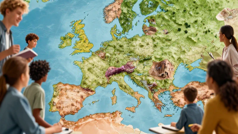 Diseño educativo dinámico con mapa europeo