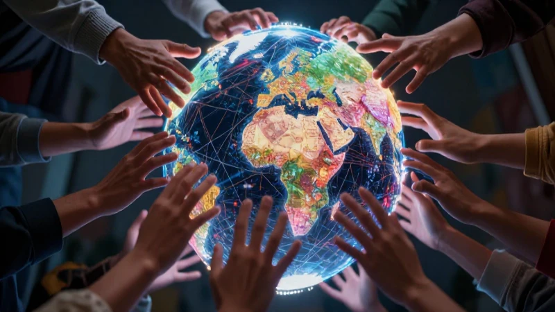 Mapa global interactivo con manos y conexiones vibrantes