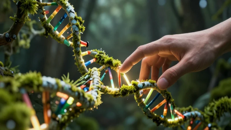 Mano estilizada toca ADN brillante entre musgo