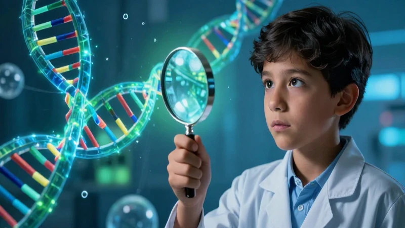 Ilustración educativa: estudiante explora ciencia con ADN
