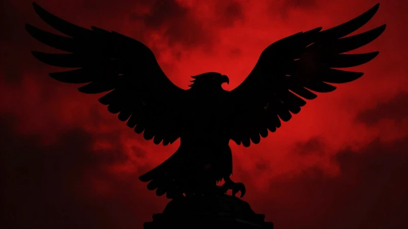 Águila estilizada con fondo rojo y negro dramático