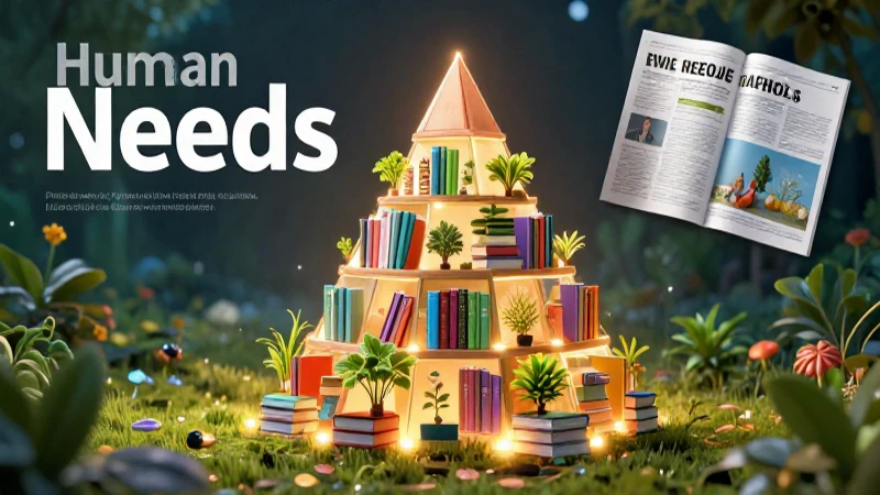 Necesidades: Concepto, tipos, ejemplos y pirámide explicados 3 Pirámide de necesidades, libros y plantas en estilo vibrante