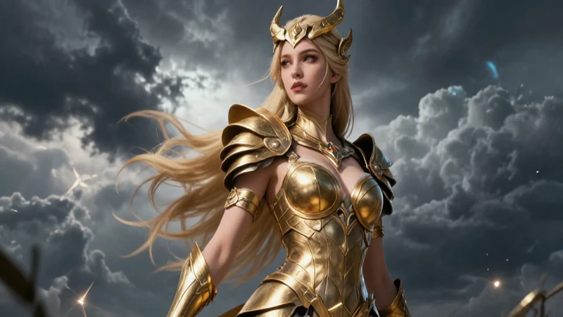 Nemesis: Significado y Concepto en la Literatura Actual 3 Diosa Nemesis atractiva con armadura dorada bajo un cielo dramático