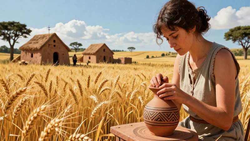 Mujer artesana en aldea neolítica