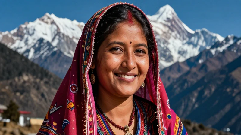 Retrato dinámico de mujer nepalí ante los Himalayas