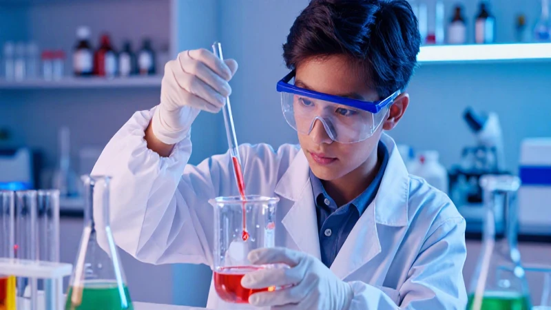 Estudiante profesional observa reacción química segura