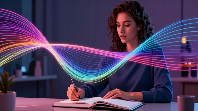 Nexos: 50 Ejemplos Clave para Mejorar tu Escritura 7 Joven creativa escribe con líneas de Nexos