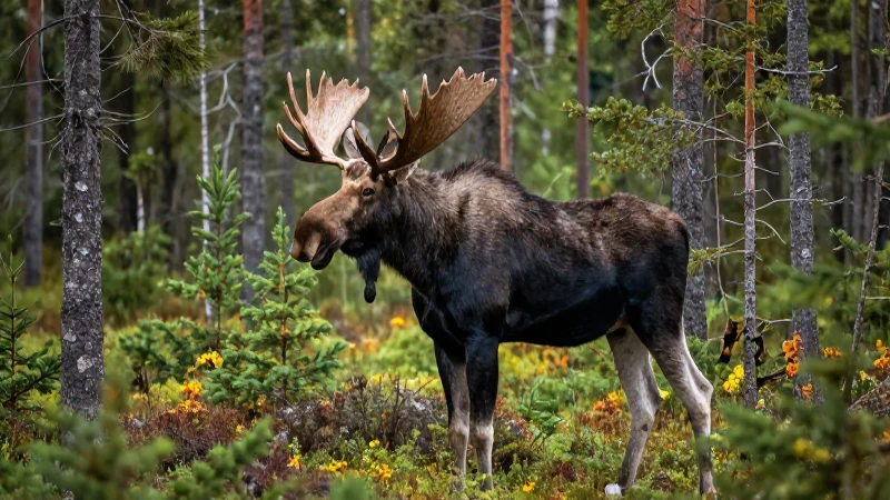 Alce majestuoso en bosque boreal vibrante