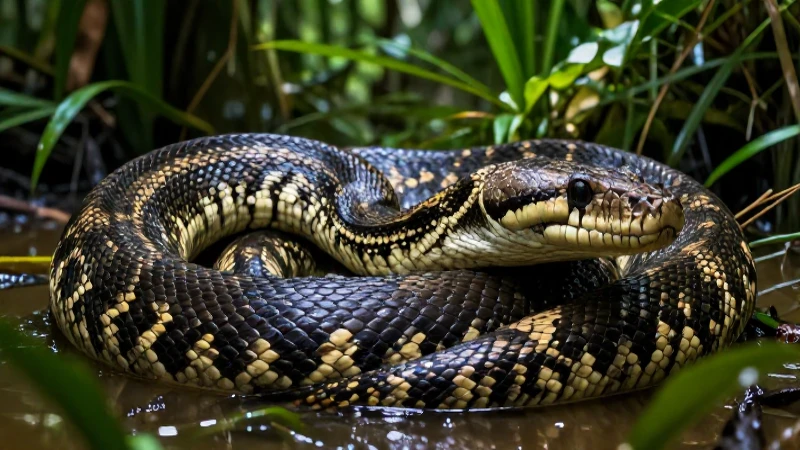 Anaconda gigante en selva tropical detallada