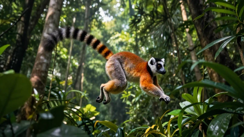 Lemur saltando en bosque detallado y vibrante