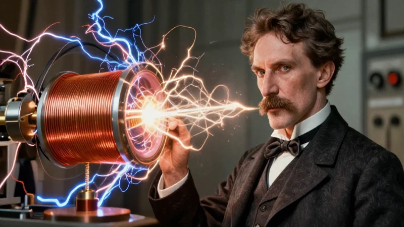 Retrato de Tesla con energía eléctrica dinámica