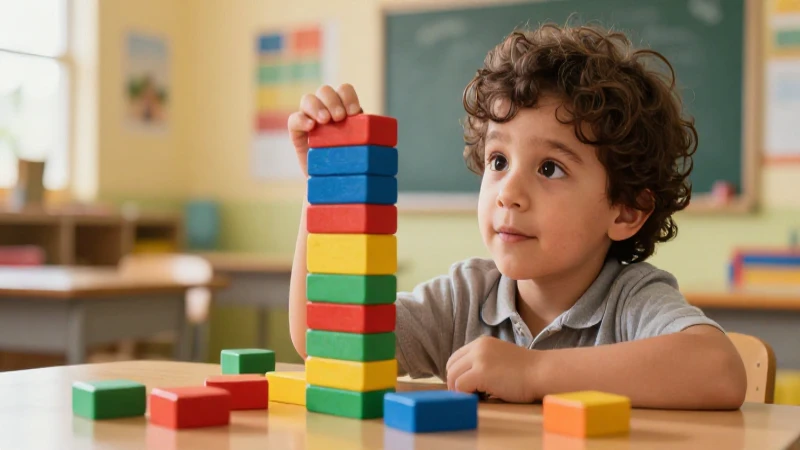 Niñez: etapas, teorías y características esenciales 4 Niño curioso observa bloques coloridos en un aula
